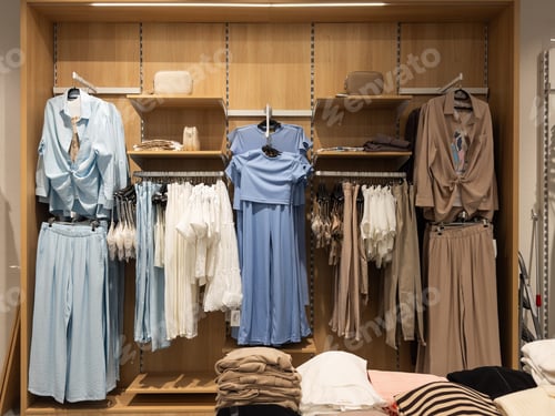 Preview: hangers with row of different clothes, in the store