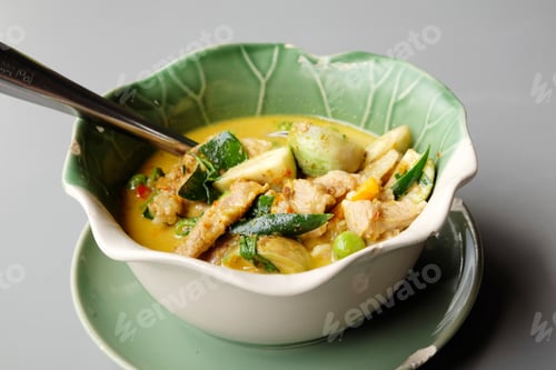Preview: Thai Green Pork Curry On A Gray Background.
