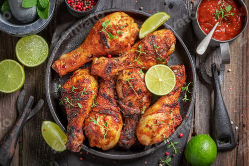 Preview: Spicy roasted chicken leg on metal grill.
