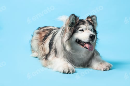 Preview: Cute Alaskan malamute dog on light blue background