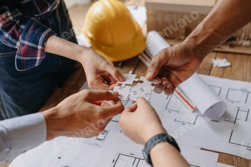 Preview: Engineer Teamwork Meeting, Drawing working on blueprint meeting for project working with partner