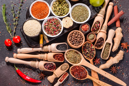 Preview: Spices and herbs over dark stone background