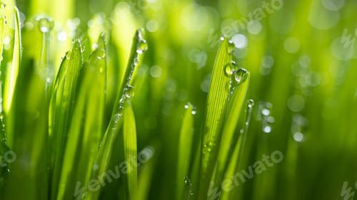 Preview: Wet spring green grass backround with dew lawn natural