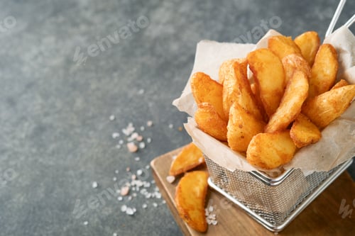 Preview: French fries in metal wire basket with salt and ketchup on old wooden dark background clous up. Frie