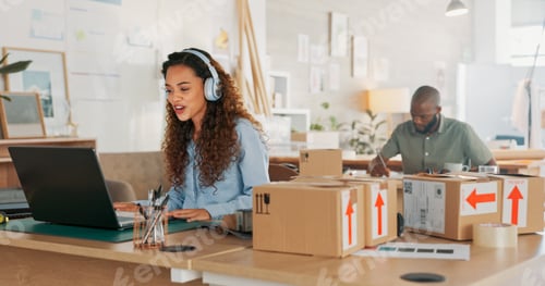 Preview: Video call, customer service woman in a courier office for product consulting, sales negotiation or