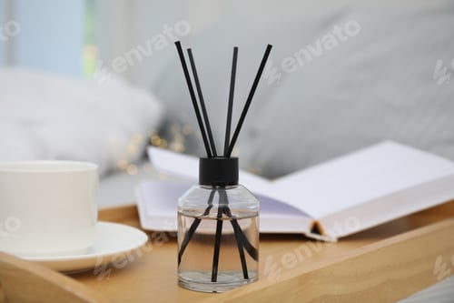Preview: Aromatic reed air freshener on wooden tray in bedroom