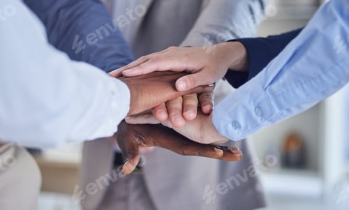 Preview: Business people, hands stack and teamwork motivation for goals, dream or mission in finance company