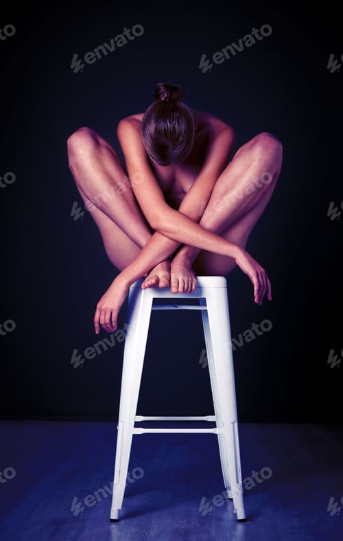 Preview: Art, beauty and body of woman in studio for erotic, mystery and desire on black background space. G