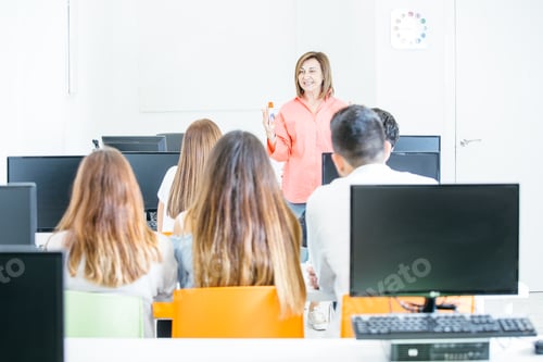 Preview: Cheerful tutor teaching students