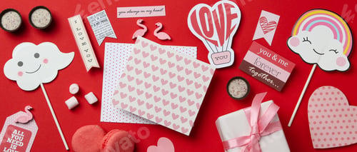 Preview: Valentine's Day accessories on red background, top view