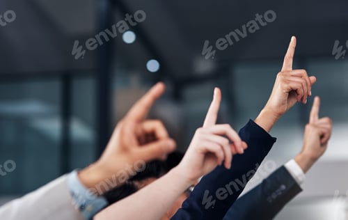 Preview: May we interject. Cropped shot of a group of businesspeople raising their hands.