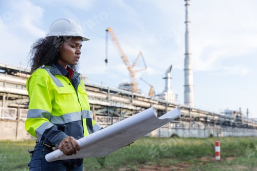 Preview: A female engineer stands confidently at an industrial site