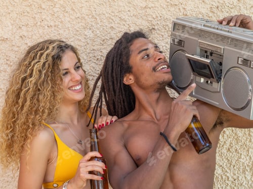 Preview: Caucasian blonde girl and black boy with dreadlocks
