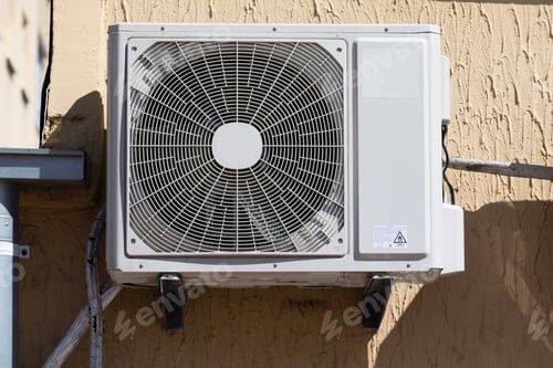 Preview: outdoor unit of a domestic air conditioner with a fan outside the building