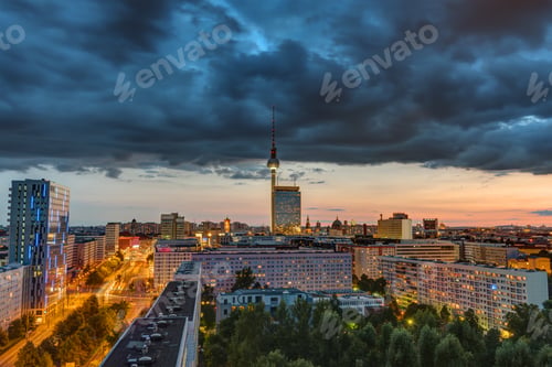Preview: Dark sky at sunset over downtown Berlin