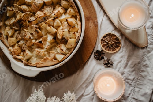 Preview: Thanksgiving dinner/Christmas dinner with apple pie on the table / winter holidays