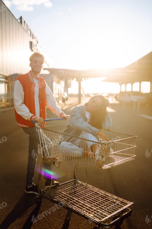 Preview: Stylish man and woman having fun and riding shopping cart. Lifestyle, leisure, youth concept.