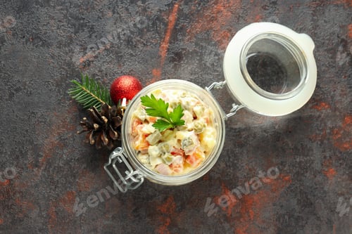 Preview: Concept of New year food, Olivier salad, top view