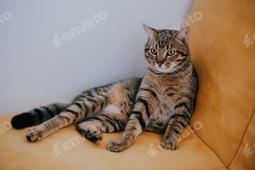 Preview: Relaxed Striped Cat Lounging on a Yellow Sofa