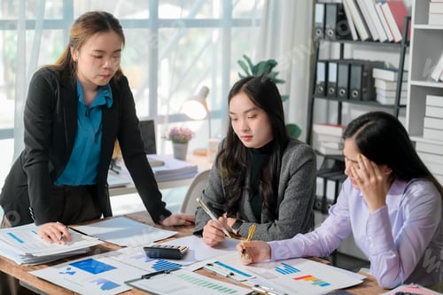 Preview: Businesswomen analyzing financial data having problem at office meeting