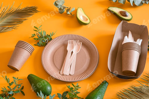 Preview: eco friendly disposable dishes made paper on an orange background.