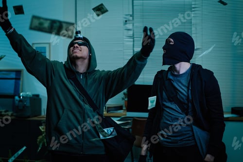 Preview: Young Adult Men Wearing Masks Stealing Money Inside Office Building