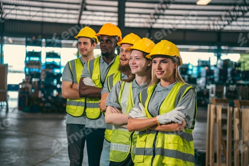 Preview: factory setting, team of engineers and foremen emphasize safety and teamwork meeting