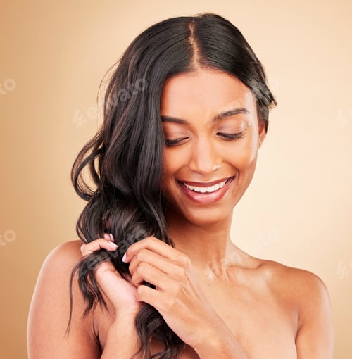 Preview: Hair care touch, happy woman and curly beauty in studio isolated on brown background. Hairstyle, na