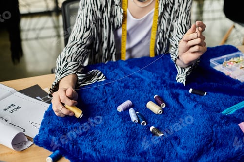 Preview: A creative fashion designer threads vibrant fabric in a modern studio filled with inspiration