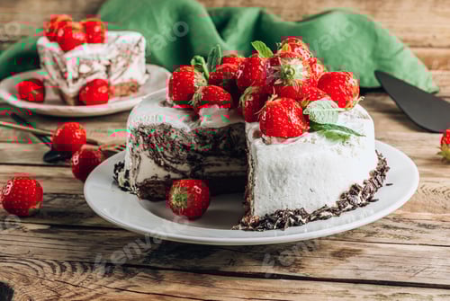Preview: Delicious Chocolate Cake with Fresh Red Strawberries