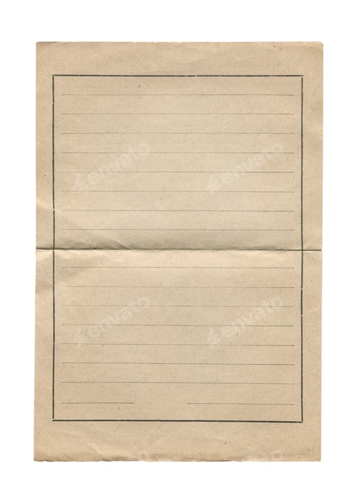 Preview: old vintage aged brown page paper with notebook writing lines isolated on white