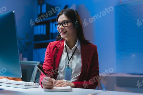 Preview: Asian businesswoman wearing headset is working overtime at night in office