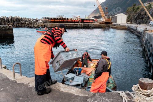 Preview: Fishermen unloading crates of freshly caught lobsters at the port