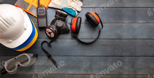 Preview: Work safety protection equipment. flat lay on wooden background.