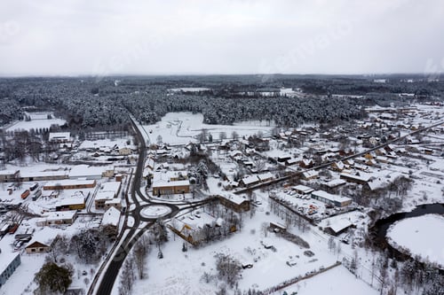 Preview: A panoramic view from above of the small Latvian town of Kandava on a winter day