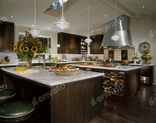 Sunflowers and Prepared Food in Modern Kitchen