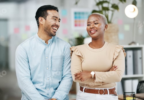Preview: Laughing, startup and creative people in office planning, talking and collaboration for teamwork or