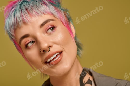 Preview: Colorful hairstyle showcase in a vibrant studio setting with a joyful young woman