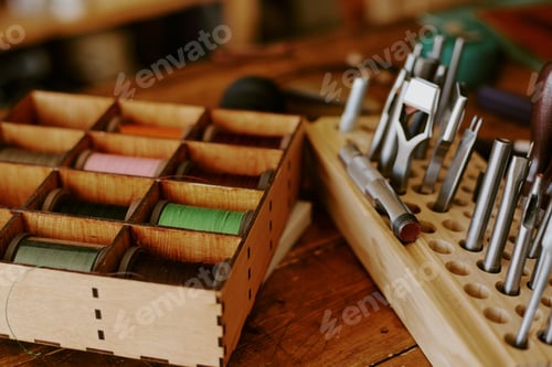 Preview: Wooden Box with Spools of Threads and Punch Nozzles