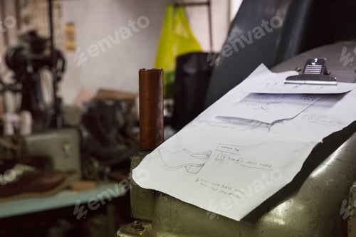 Preview: Close up of handwritten notes and drawings on a clipboard in a shoemaker's workshop.