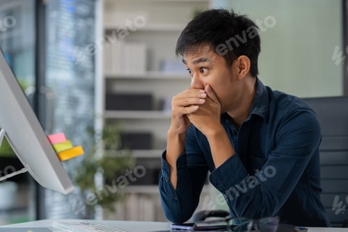 Preview: stressed asian businessman working in the office. Businessman thinking too much work concept