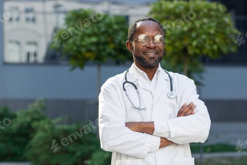 Preview: Portrait of a mature senior doctor outside a modern clinic, an African American man wearing glasses