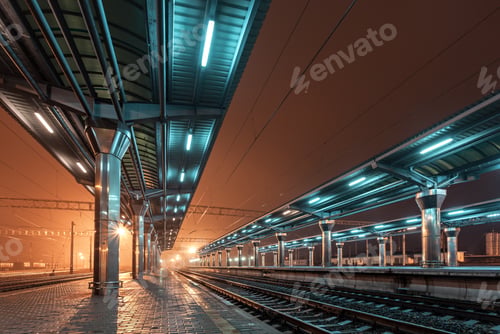 Preview: Railway station at night. Train platform in fog. Railroad