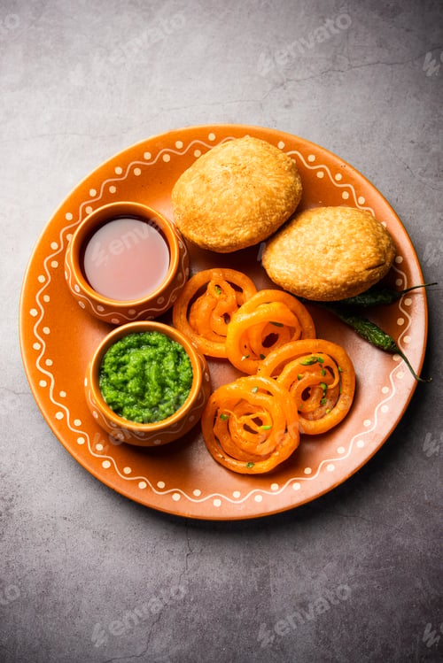 Preview: Kachori with Jalebi, snack combination from India also called kachauri, kachodi, katchuri, imarti