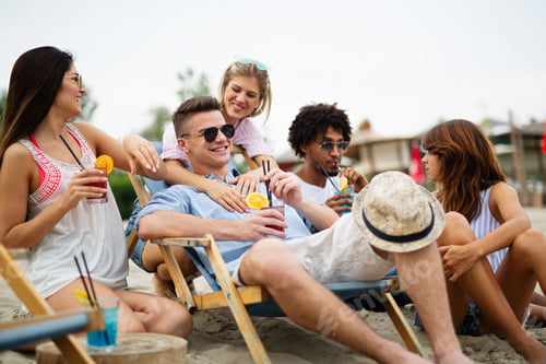 Preview: Portrait of friends having fun together on beach vacation. Student friend fun happiness concept