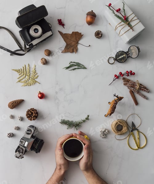 Preview: Creative mock up layout made of hipster christmas decoration. Flat lay. Holiday concept.