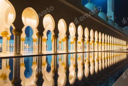 Preview: Illuminated arches reflecting on water at twilight.