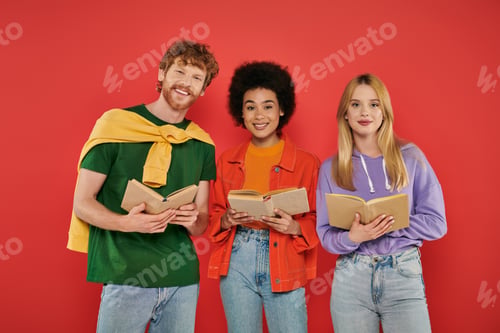 Preview: polygamy concept, interracial people reading books on coral background, cultural diversity,