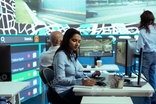 Preview: Indian woman employee locating delivery truck drivers via satellite map