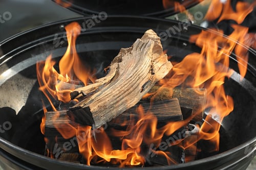 Preview: New modern barbecue grill with burning firewood, closeup